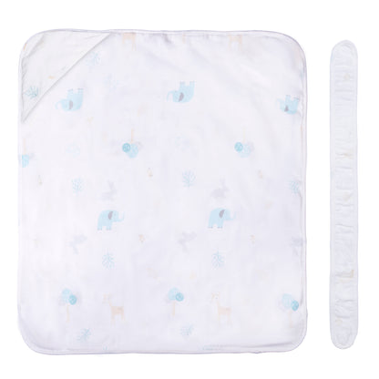 An organic baby swaddle wrap for infant with an attached hood and a matching non-stretch fabric tie for comfortable wrapping.