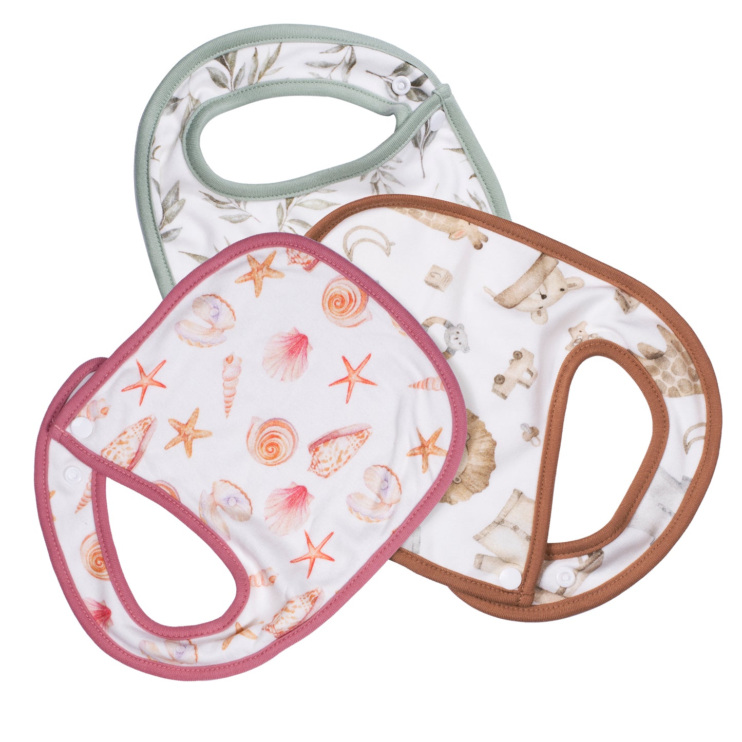 Makana organic bamboo cotton baby bibs 6 pack flat laid on a surface, showing the hypoallergenic organic bibs for sensitive skin quality.