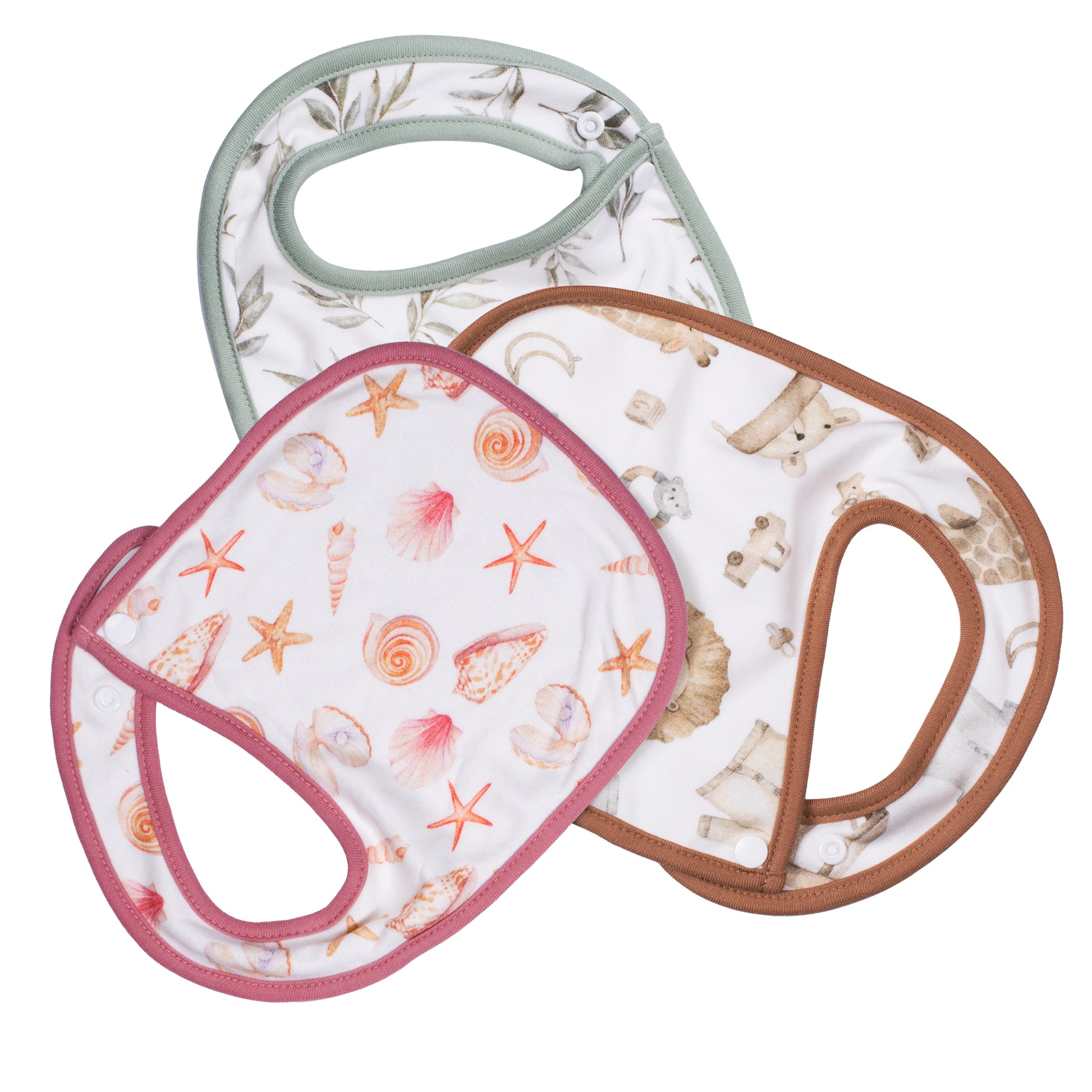 Makana organic bamboo cotton baby bibs 6 pack flat laid on a surface, showing the hypoallergenic organic bibs for sensitive skin quality.