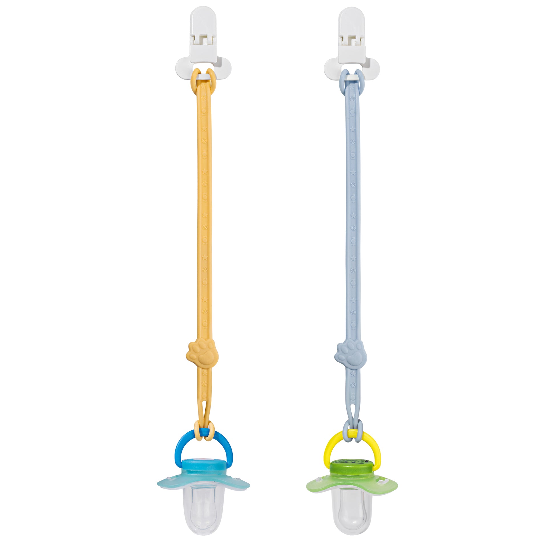 Two soft silicone pacifier clips securely holding a blue and a green pacifier to demonstrate the loop attachment mechanism.