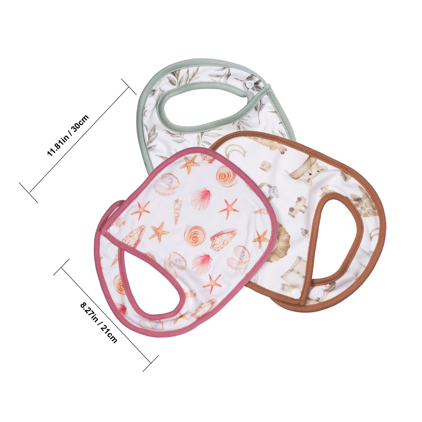 Size specifications chart of ultra absorbent newborn cotton bibs, displaying exact neck and coverage dimensions for heavy drooling babies.