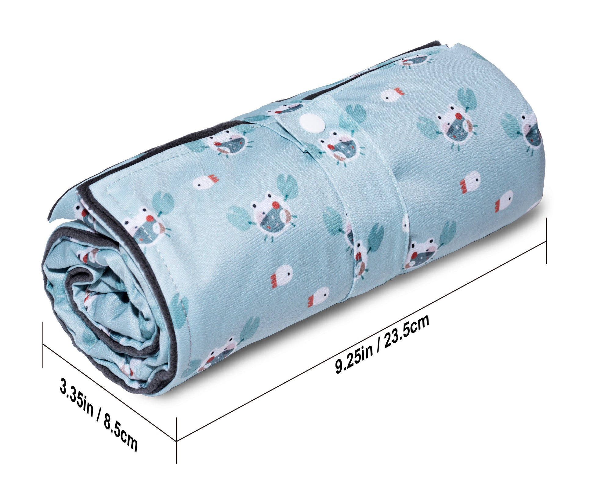 Folded dimensions chart of the thin water repellent changing pad for travel, measuring 9.25in by 3.35in for compact stroller packing.