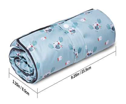 Folded dimensions chart of the thin water repellent changing pad for travel, measuring 9.25in by 3.35in for compact stroller packing.