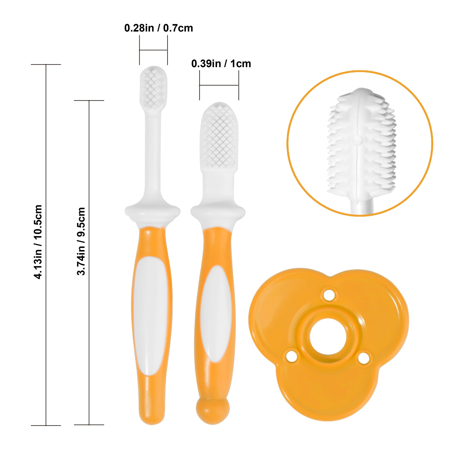 Size chart of the orange toddler toothbrush 0-12 months stages kit, showing safety shield width and brush length dimensions for infant oral care.