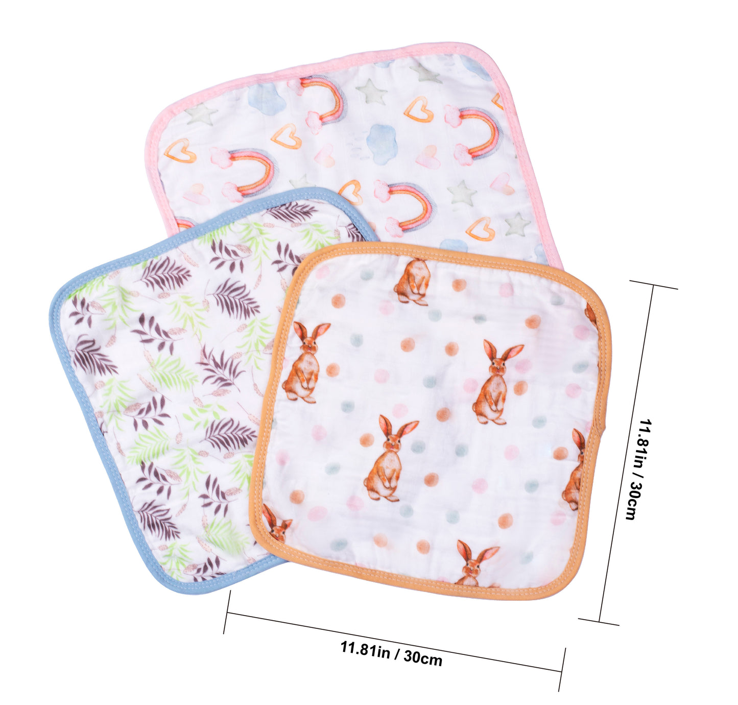 Size specifications chart of ultra soft bamboo cotton baby wipes reusable squares, measuring 11.81in by 11.81in (30cm by 30cm) for infant daily use.