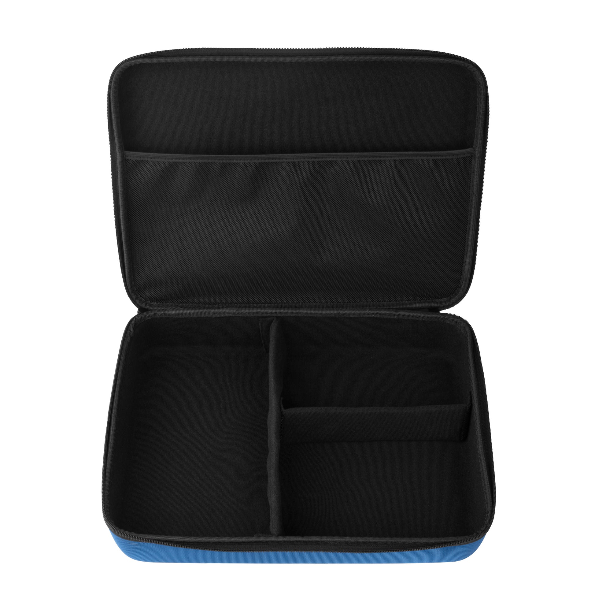 An open empty black travel case showing three distinct storage compartments and a mesh pocket, designed for a unisex newborn welcome gift box set.
