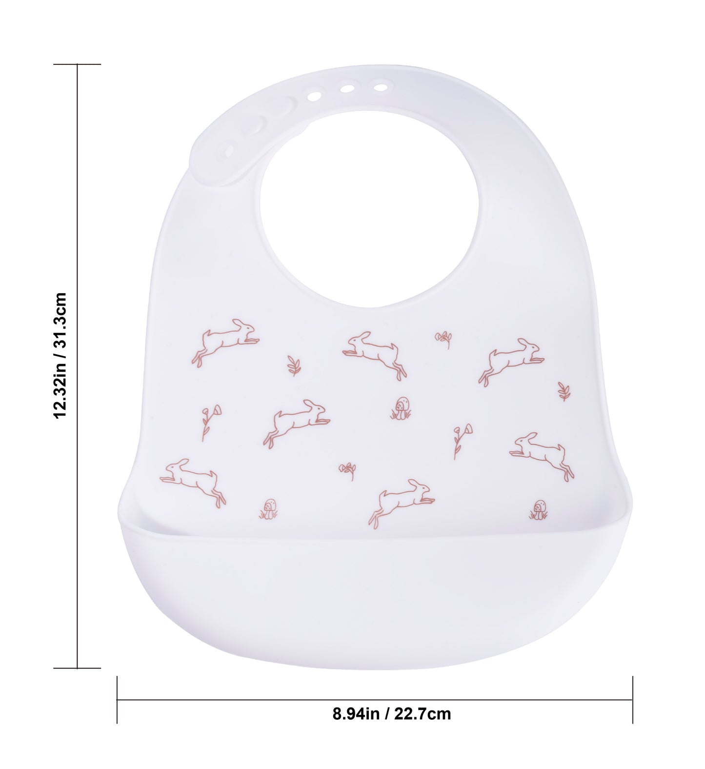 Dimension chart of white silicone food catcher bib with bunny pattern, showing 12.32in height and 8.94in width.