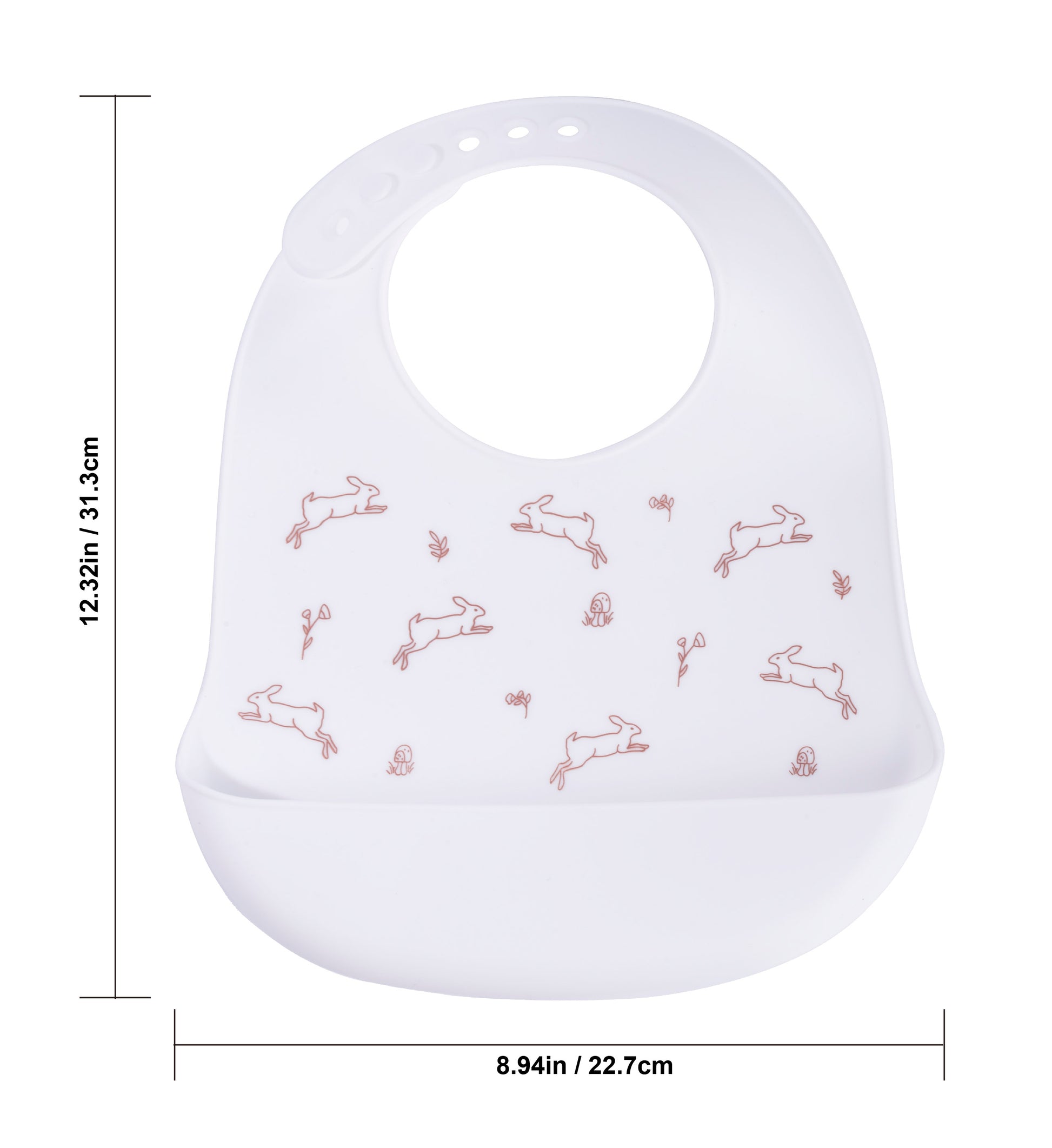 Dimension chart of white silicone food catcher bib with bunny pattern, showing 12.32in height and 8.94in width.