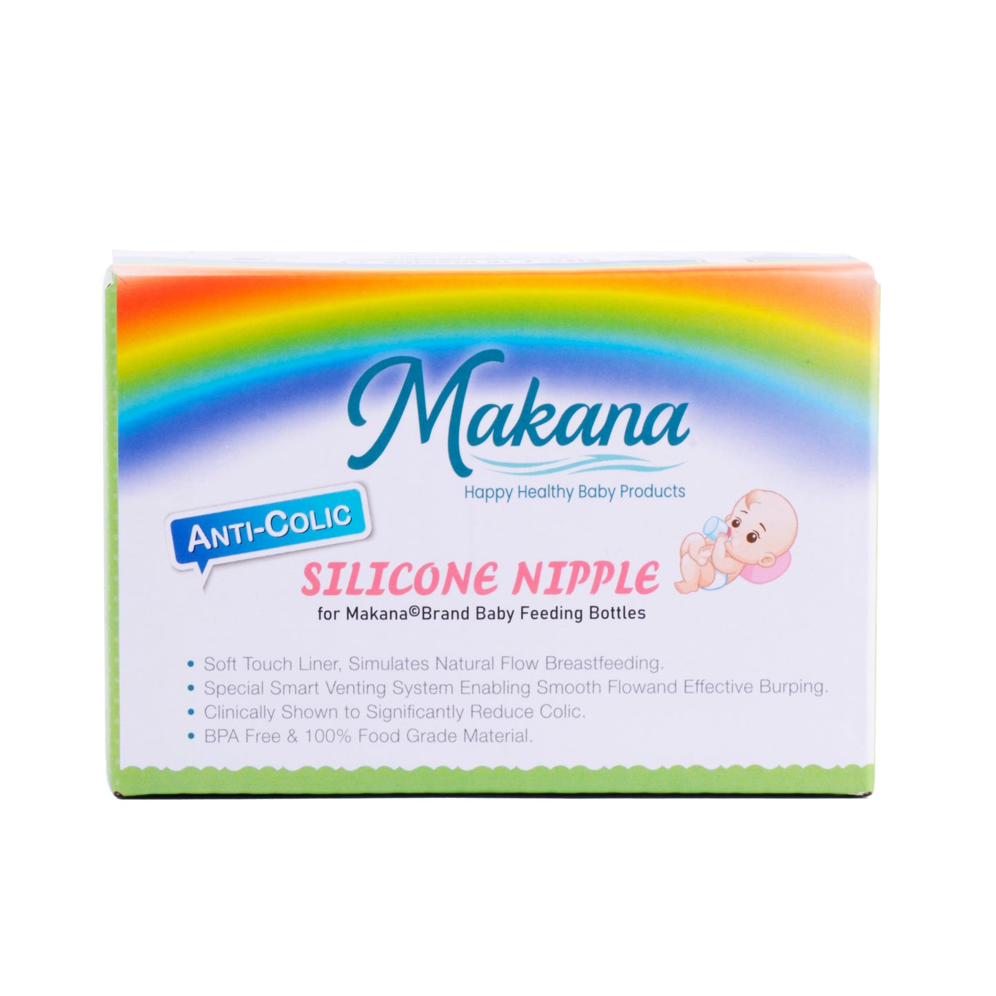 Front view of the Makana box packaging for wide neck anti colic bottle nipples 4 pack, highlighting the smart venting gas relief feature.