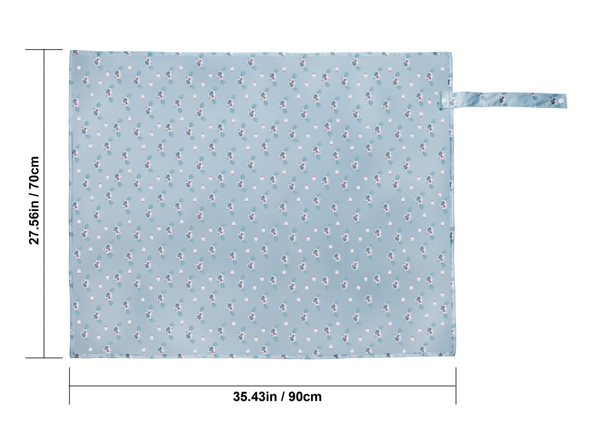 Full size specifications chart of the wipeable water repellent infant diaper mat, showing a generous protection area of 35.43in by 27.56in.